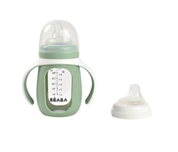 Beaba-klaasist-harjutustass-Sage-Green-2in1